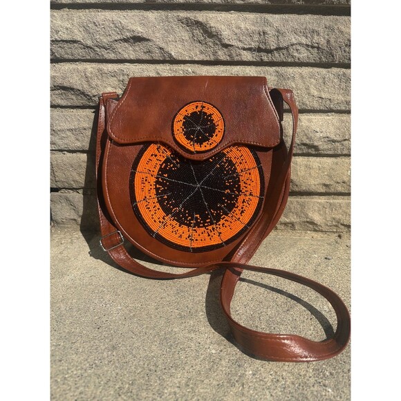 Handbags - Handmade African Beaded Leather Crossbody Bag Orange Black Tribal Boho Artisan